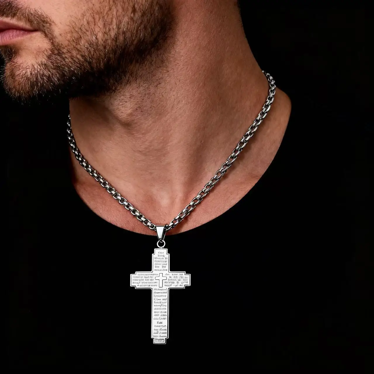 Men Lord's Prayer Cross Necklace, Silver 316L Stainless Steel Engraved Our Father Bible Verse Pendant Religious Jewelry Gift