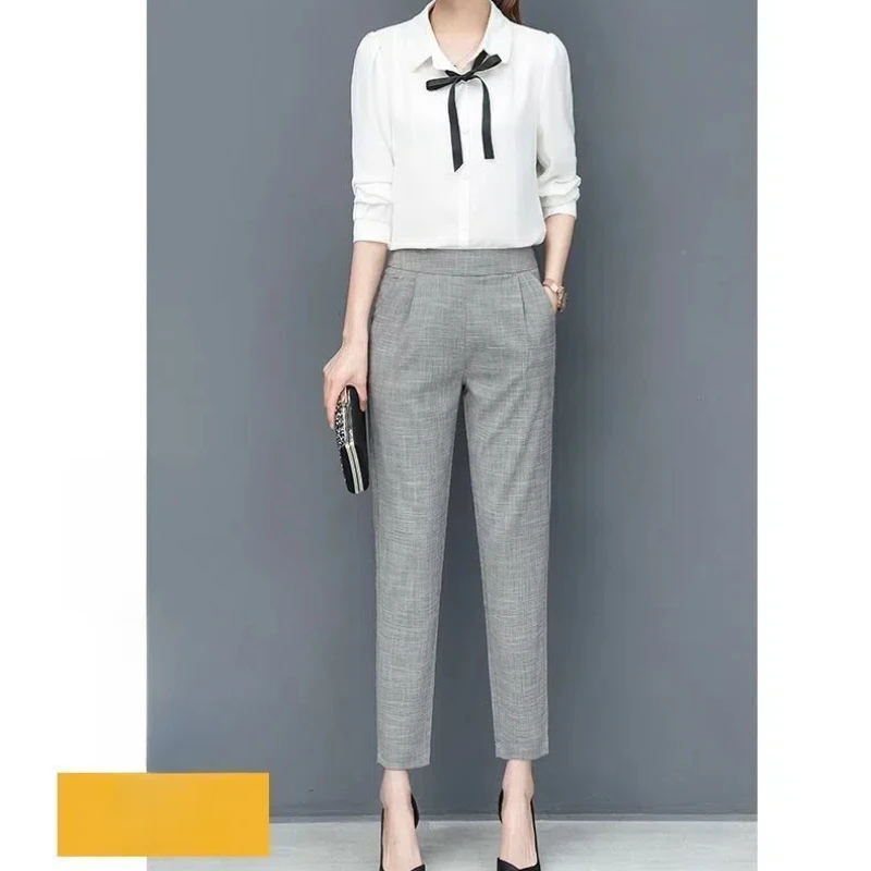 FJPays l-Pantalon court taille haute pour femme, vêtements de bureau, poches élastiques, monochromatique, vacances, printemps, automne