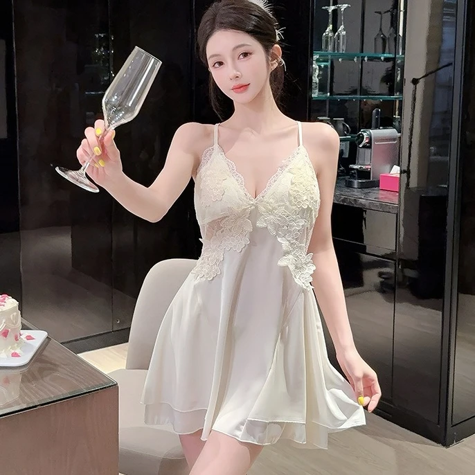 

Сексуальная кружевная ночная сорочка для женщин, летняя пижама, ночнушка, домашняя одежда, атласная ночная сорочка с V-образным вырезом