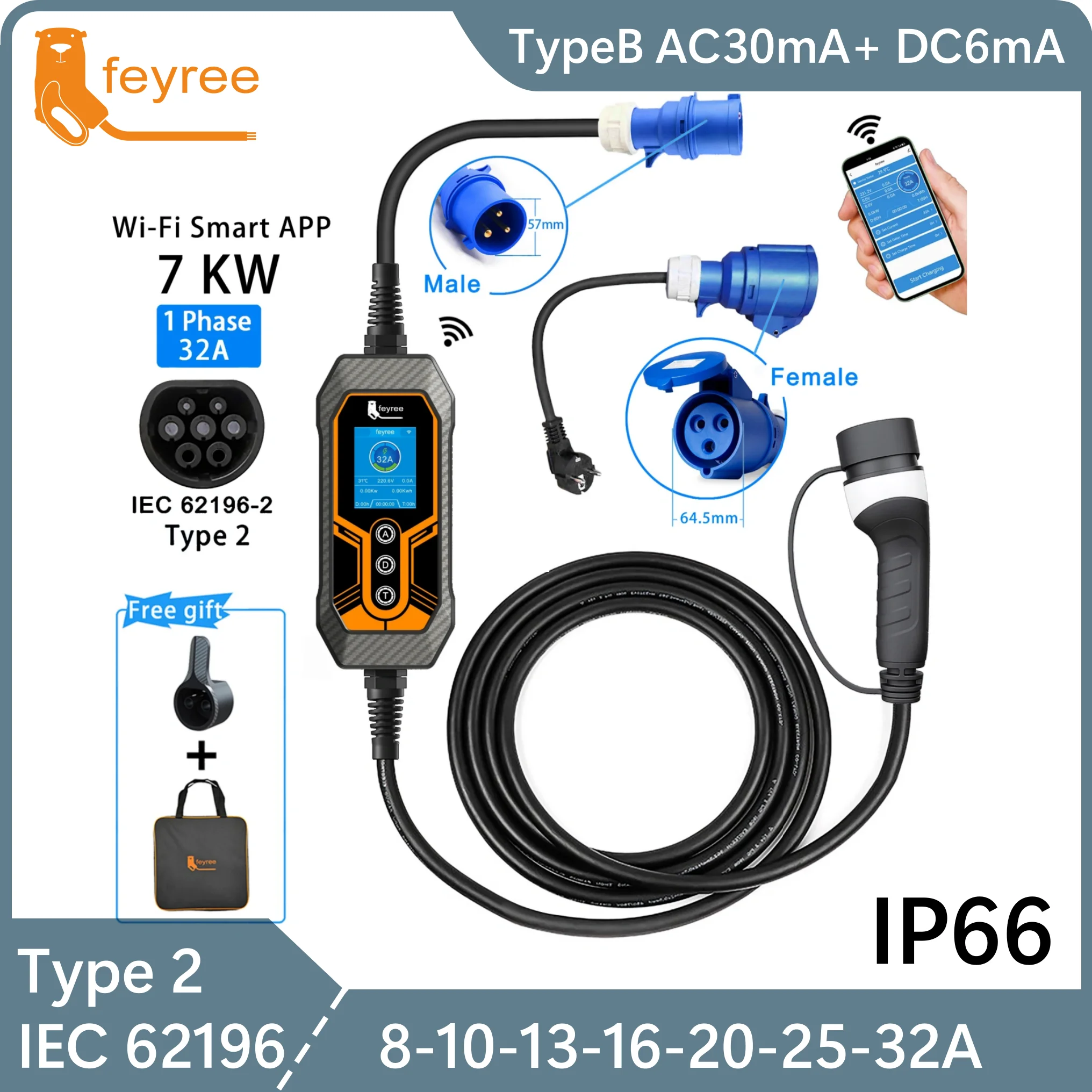 Feyree شاحن EV محمول Type2 32A 7KW EVSE Wi-Fi APP التحكم قابل للتعديل الحالي توقيت ذكي شحن للاستخدام المنزلي والخارجي