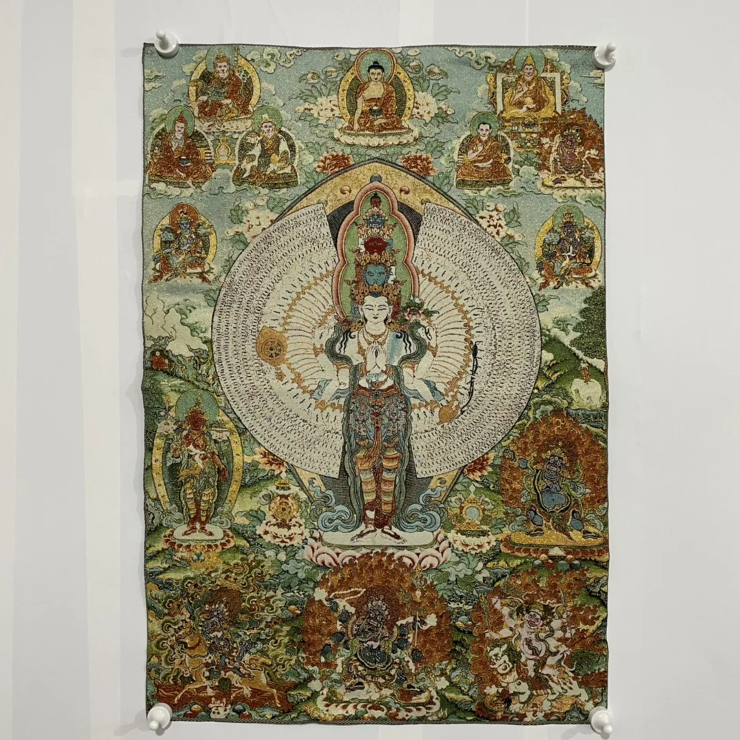 

35"Thangka Embroidery Tibetan Buddhism silk Embroidery 1000 arm Guanyin Avalokitesvara Thangka hanging screen Town house