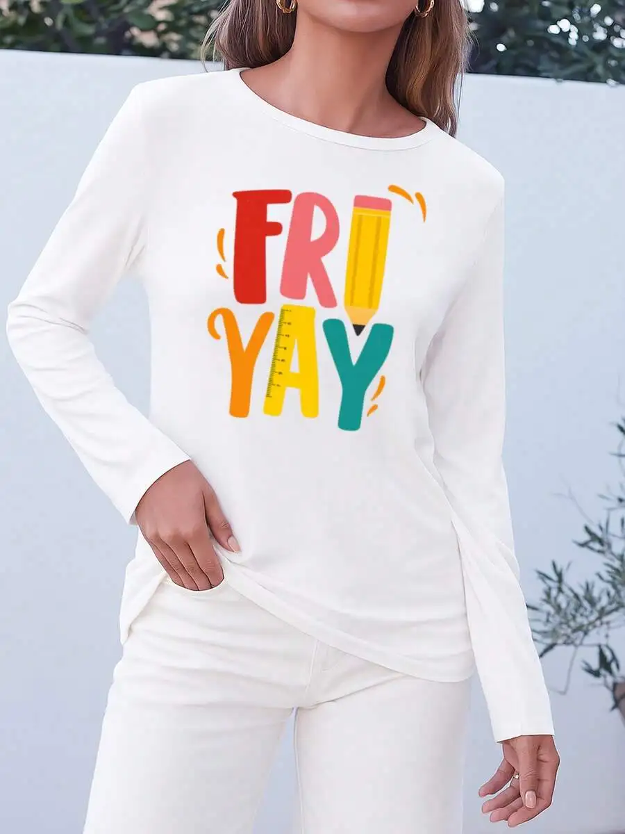 

Friday Fun Letter Print Womens Long Sleeve Casual T-Shirt Soft Medium Stretch