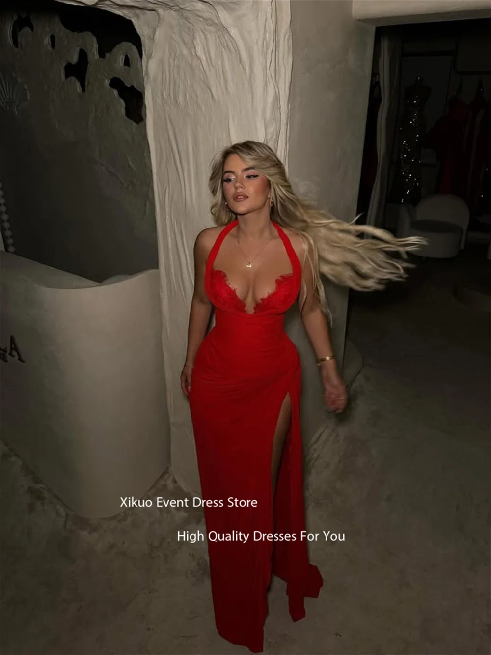 Xikuo Halter Neckline Sweetheart Evening Dresses Red High Side Slit Prom Dress Ruched Special Chic Occasion Gowns Customized