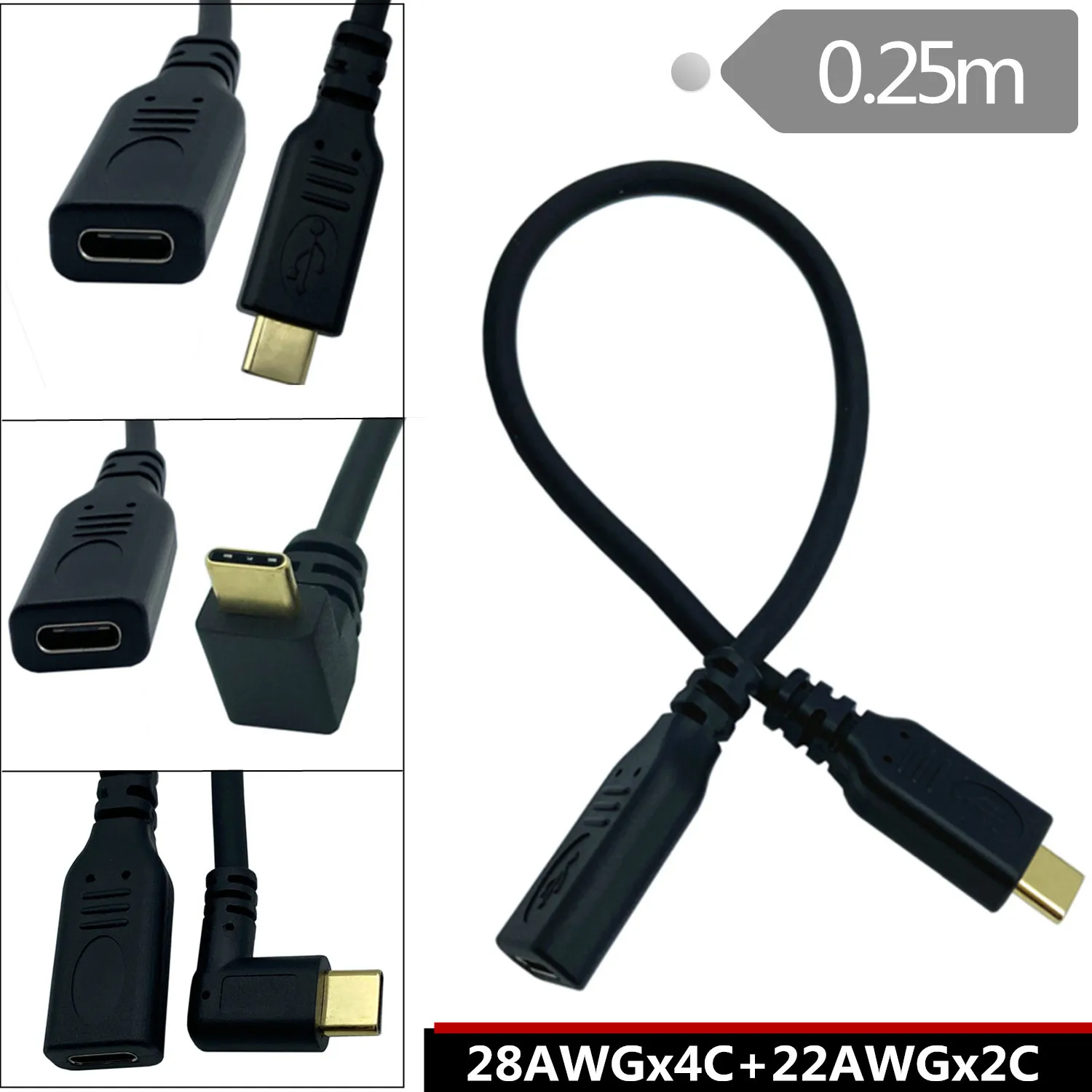 

6-Core Gold Plated USB2.0 Version 3.1 Type-C Extension Male And Female Data Extension 90 Degree Elbow USB-C 25cm Cable