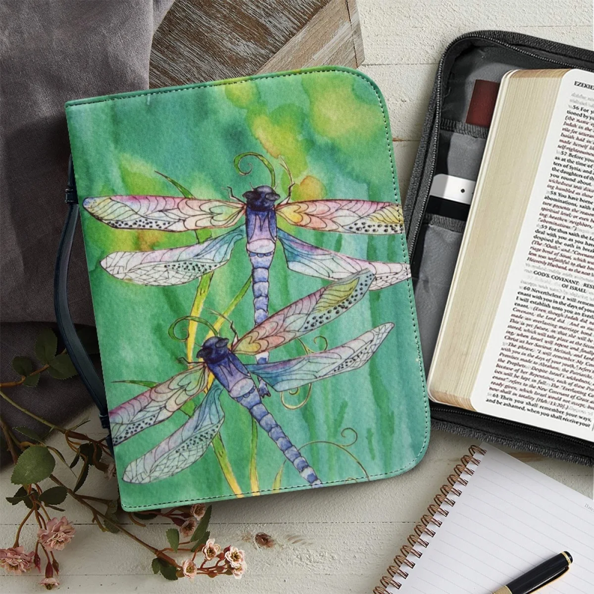 

FORUDESIGNS Dragonfly Simple Print Women's Bible Cover Case Practical Zipper Handle Handbag Protection Study Book Holy Storage