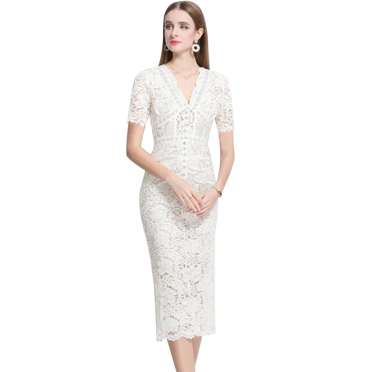 หรูหราคริสตัลลูกไม้ชุดราตรีผู้หญิงลูกปัดแขนสั้นฤดูร้อนดินสอยาวชุดสีขาว Midi Vestidos อย่างเป็นทางการโอกาส
