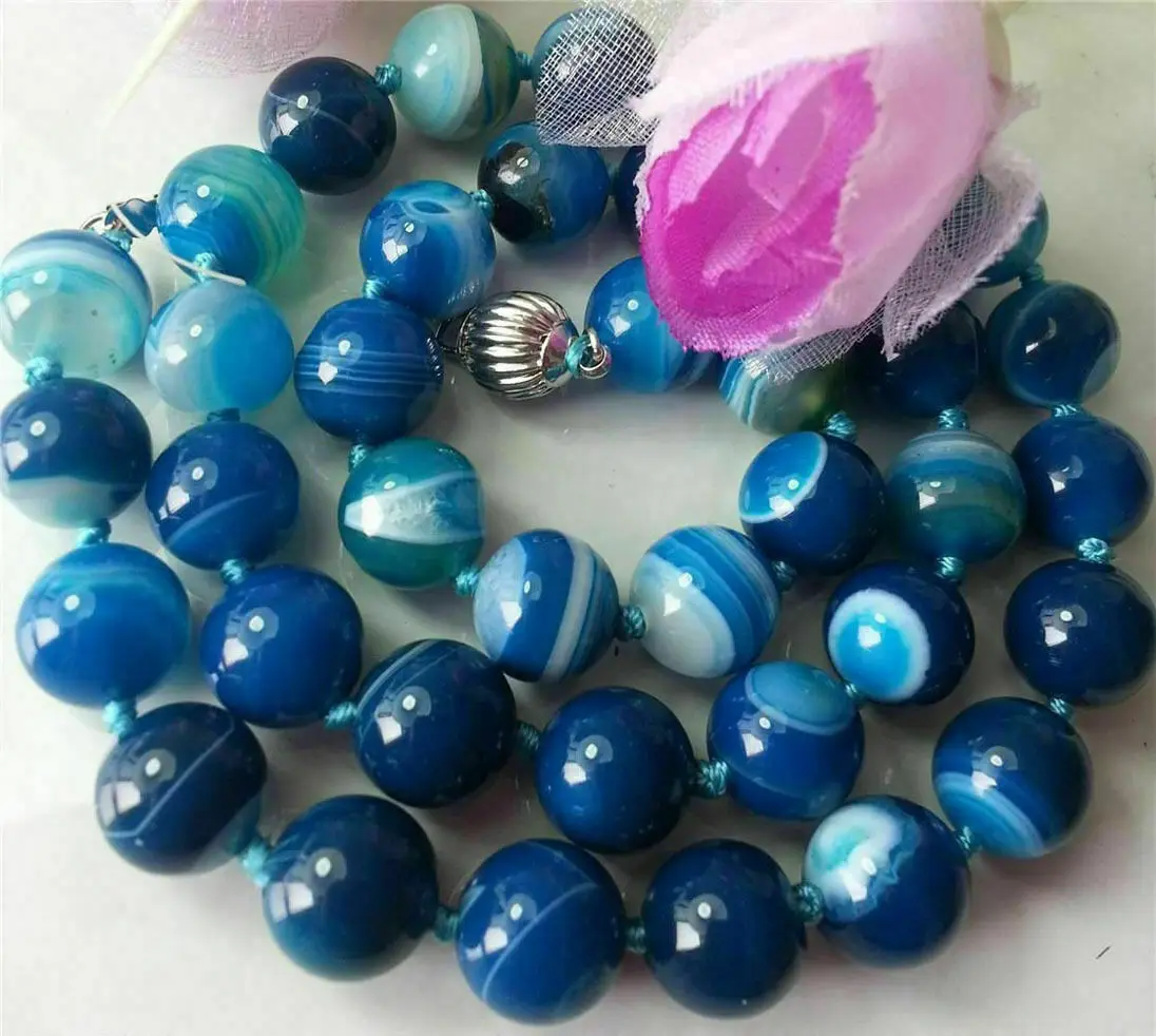 

18'' Natural 8mm Blue Striped Agate Onyx Gemstone Round Beads Necklace S87