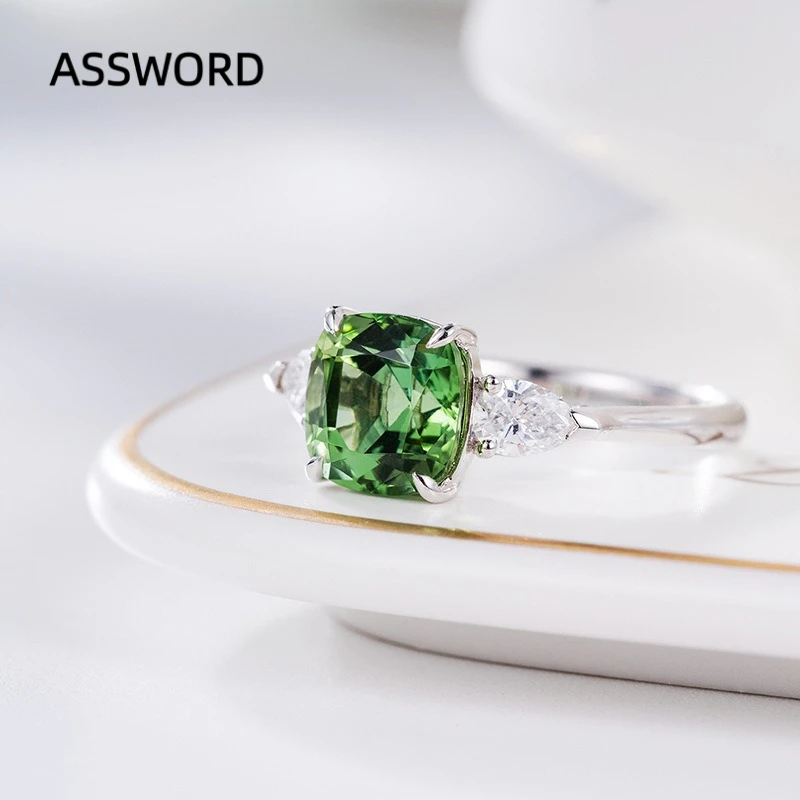 925 Sterling Silver Cushion Cut Green Zircon Three Stone Ring Pear Side CZ Women Wedding Band Luxury Fine Jewelry Gift