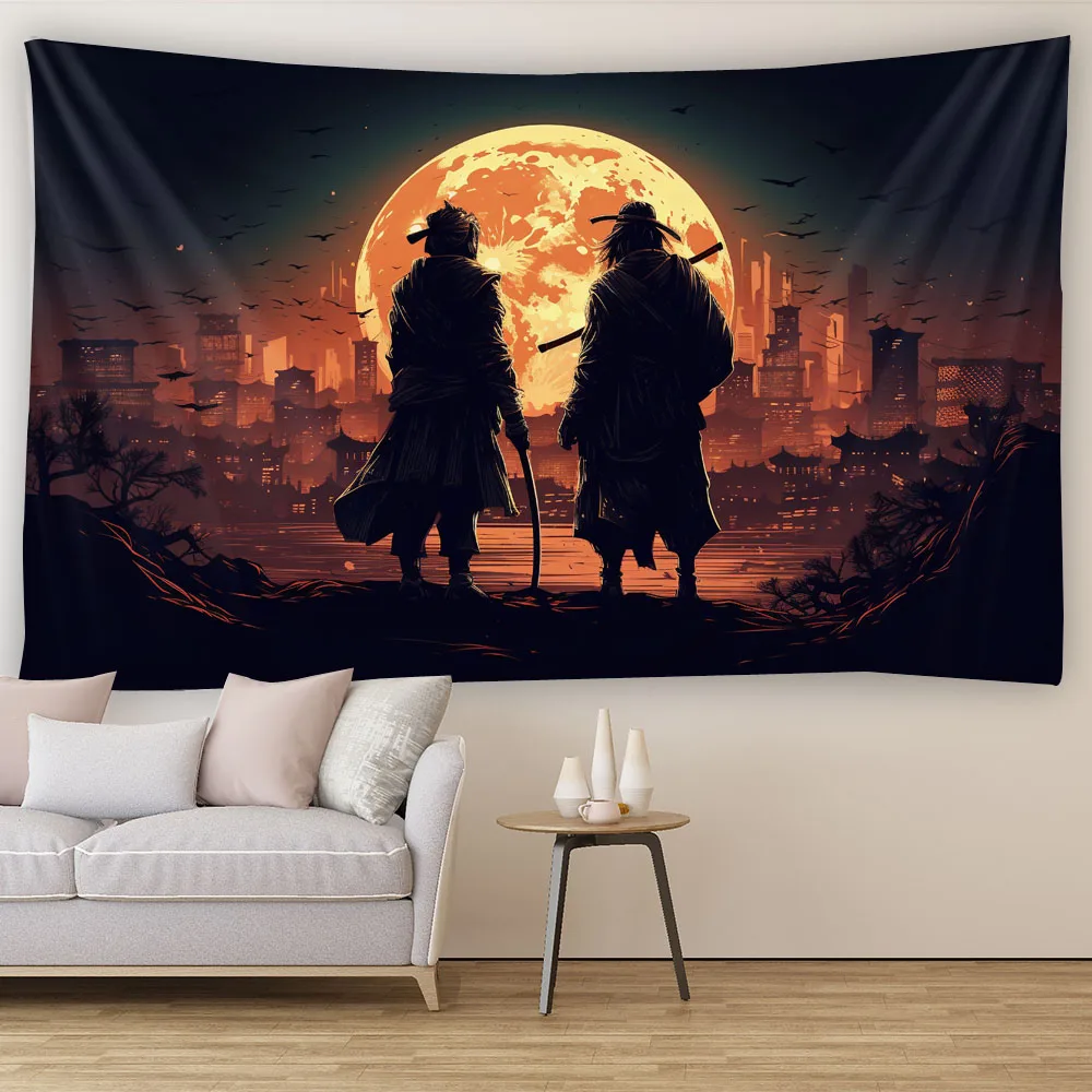 Samurai City Night Planet Tapestry 3D Printing Creative Living Room Bedroom Sofa Wall Decoration Retro Background Cloth