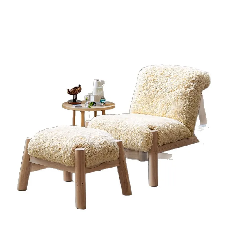 

Wabi-sabi Chinese antique lamb wool single sofa chair living room homestay leisure chair solid wood lazy back chair designer