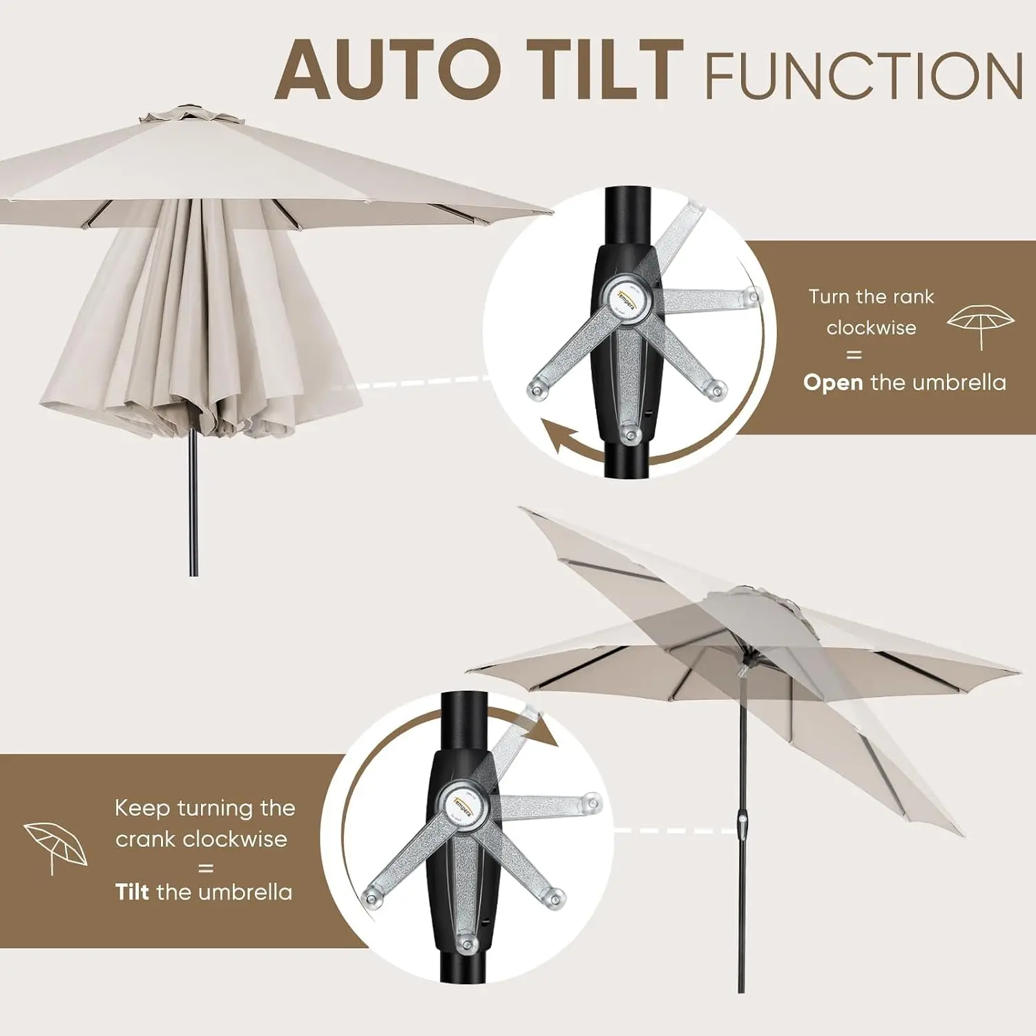 Tempera Patio Market Outdoor Table Umbrella with Auto Tilt and Crank, Large Sun Umbrella with Sturdy Pole & Fade Resistant Canop