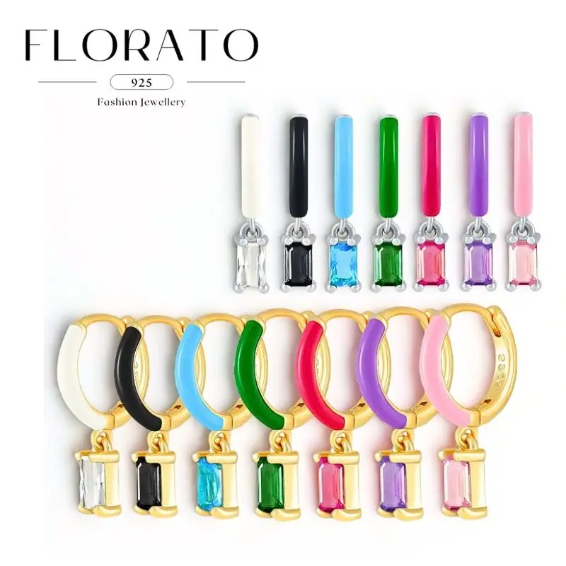 FLORATO 925 Sliver Ear Needle Rectangular Pendant Enamel Multicolor zircon Hoop Hanging Earrings For Women Fashion Party Jewelry