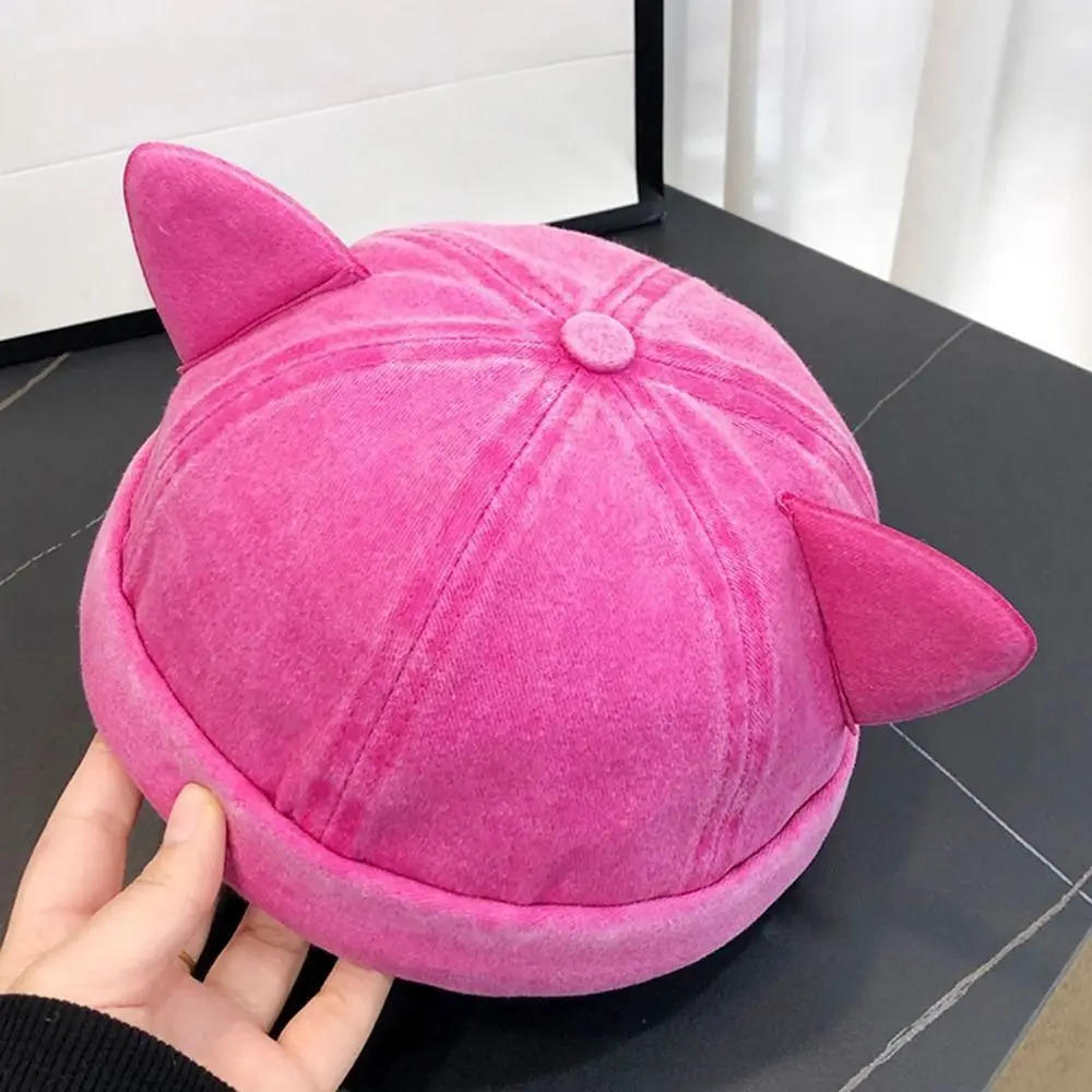 

Fashion Cute Cat Ears Brimless Hat Adjustable Washed Old Solid Color Beanie Hat Without Brim Breathable Bucket Cap Unisex