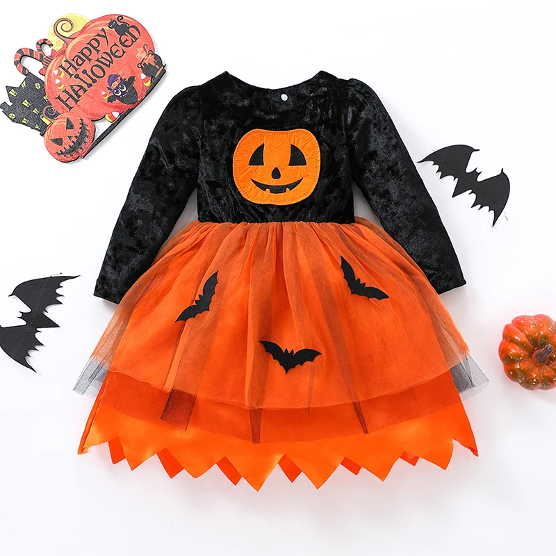 

Cute Baby Girls Halloween Costume Pumpkin Bat Pattern Mesh Tulle Patchwork Dress Round Neck Party Dress for Toddlers