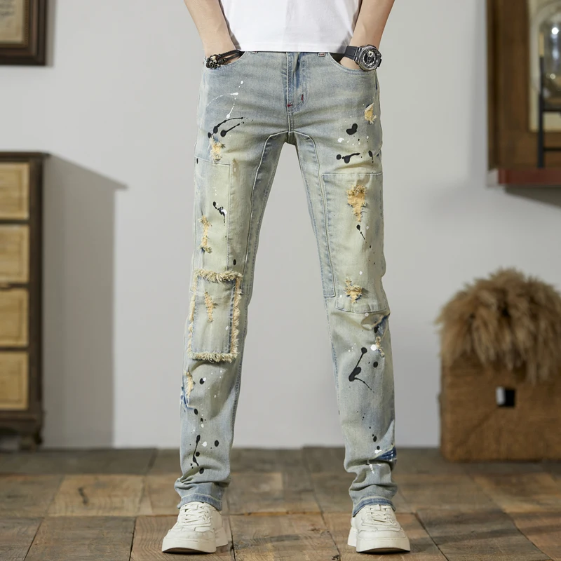 Men's graffiti hand-painted retro washed ripped jeans high-end fashion trend leisure straight biker pants