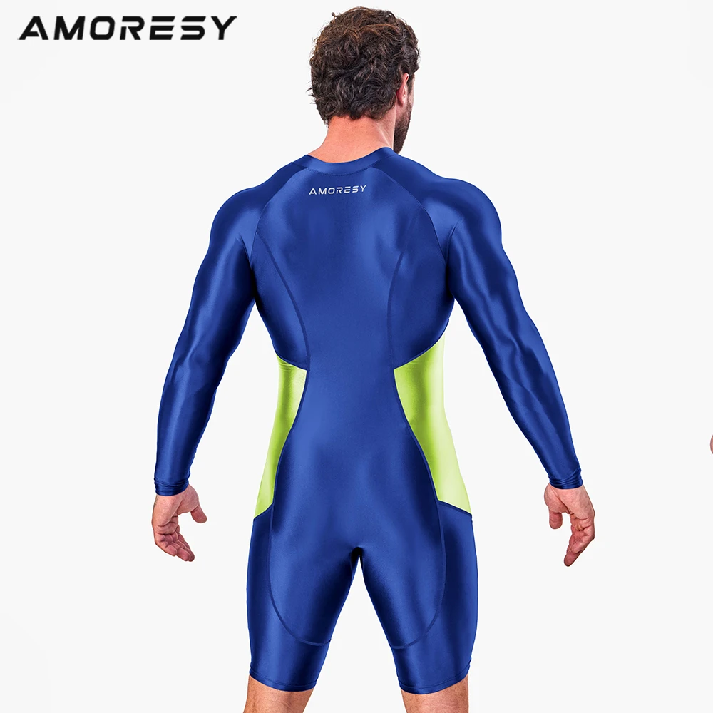 AMORESY-Conjuntos de chándales para hombre, Tops, Leggings brillantes, deportes, Fitness, correr, cremallera frontal, Catsuit, monos multiusos