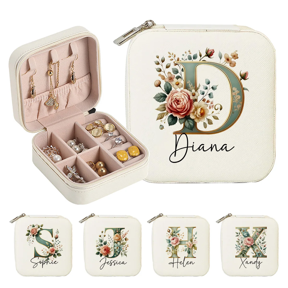 Personalized Custom Letter Jewelry Box, Portable Zipper Style Jewelry Box Suitable for Bridesmaids and Women's Birthday Gifts