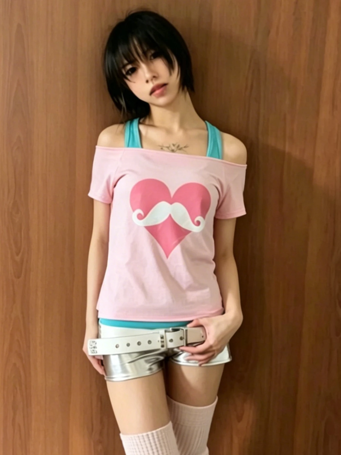 Japanese Fake Two Pieces ​Printing T-shirt Y2k Aesthetic Stripe Patchwork Slash Neck Sexy Tshirts Harajuku Casual Grunge Tops