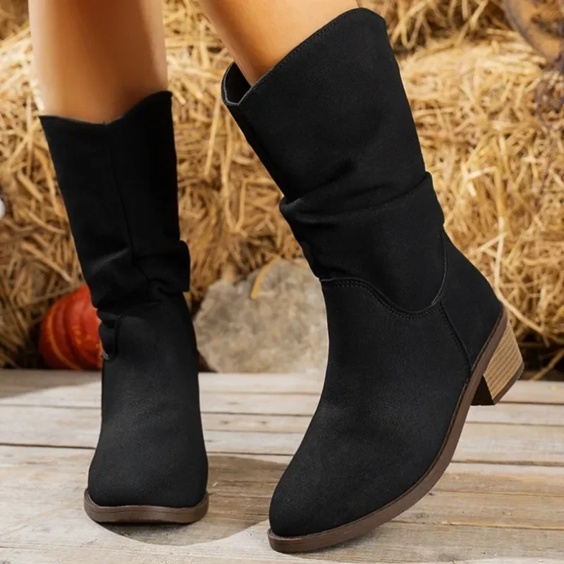 Women Pleated Mid Calf Boots New Fashion Designer Shoes Round Toe Slip on Mid-calf Boots Low Heel Boots Women Shoes for Women image 2