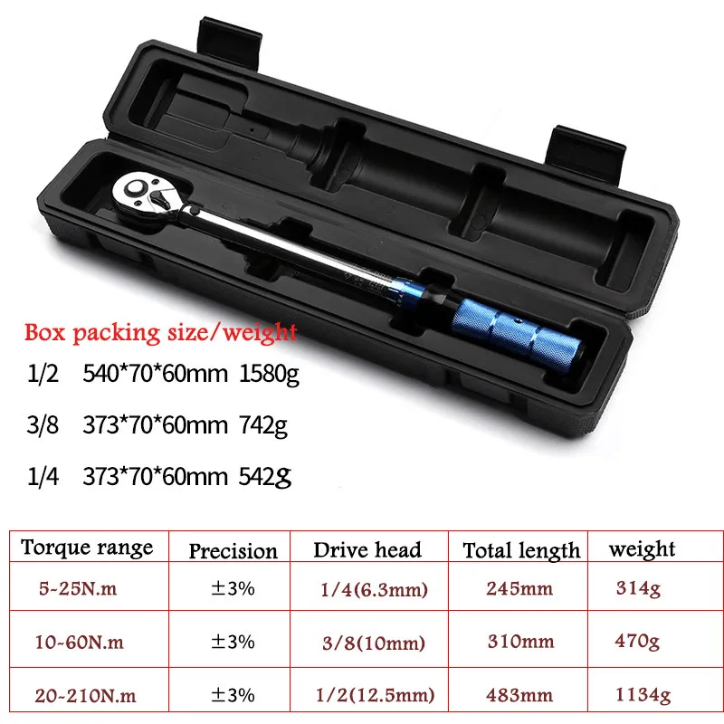 1/2\'\' 3/8\'\' 1/4\'\' Sqaure Drive Torque Wrench 5-210N.m High Precisions Torques Key Ratchet Spanner Accuracy Bike Car Repair Tool