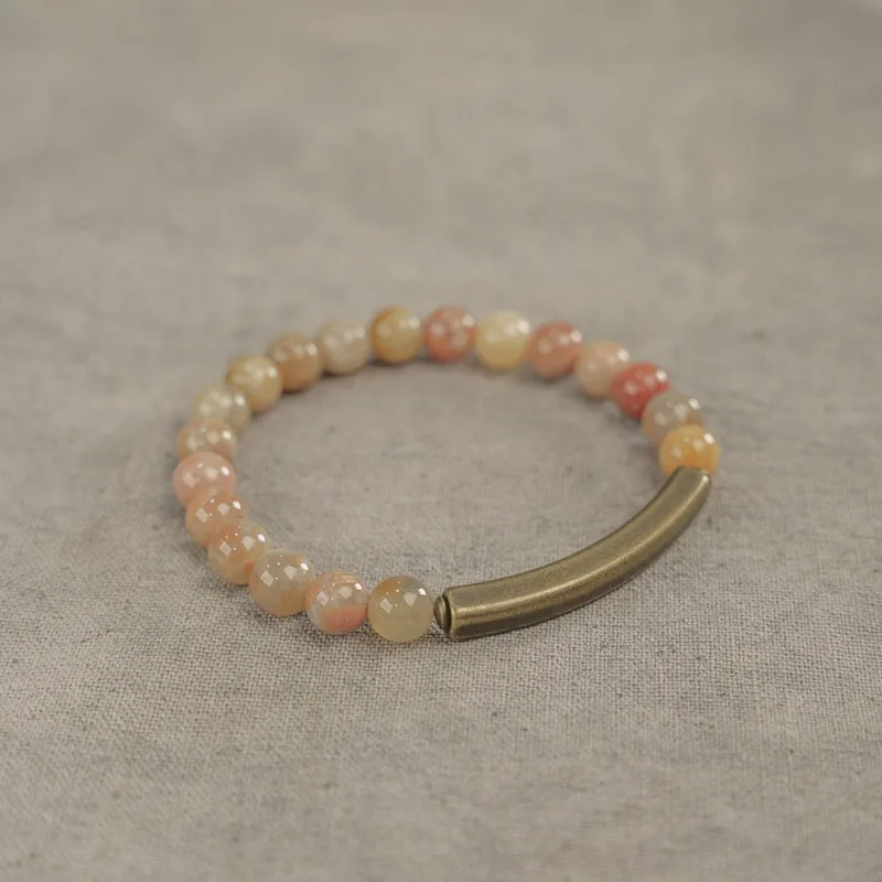 Simple Natrual Coral Stone Vintage Brass Bracelet Pink Beads Metal Sedation Jewelry Beaded  Female Protective Peace Accessories