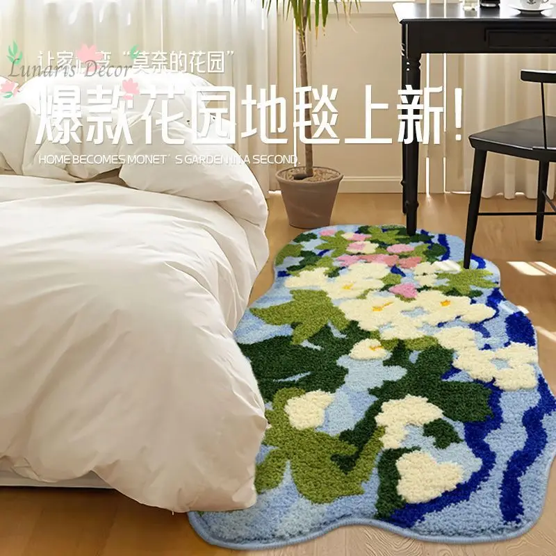 

Fresh floral irregular flocked material bedside living room non-slip stain-resistant shaped rug