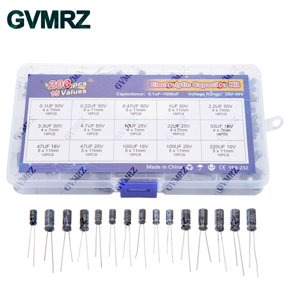 15Values 200pcs Electrolytic Capacitor Organization Storage 0.1-220uF Capacitors Assortment Box Kit