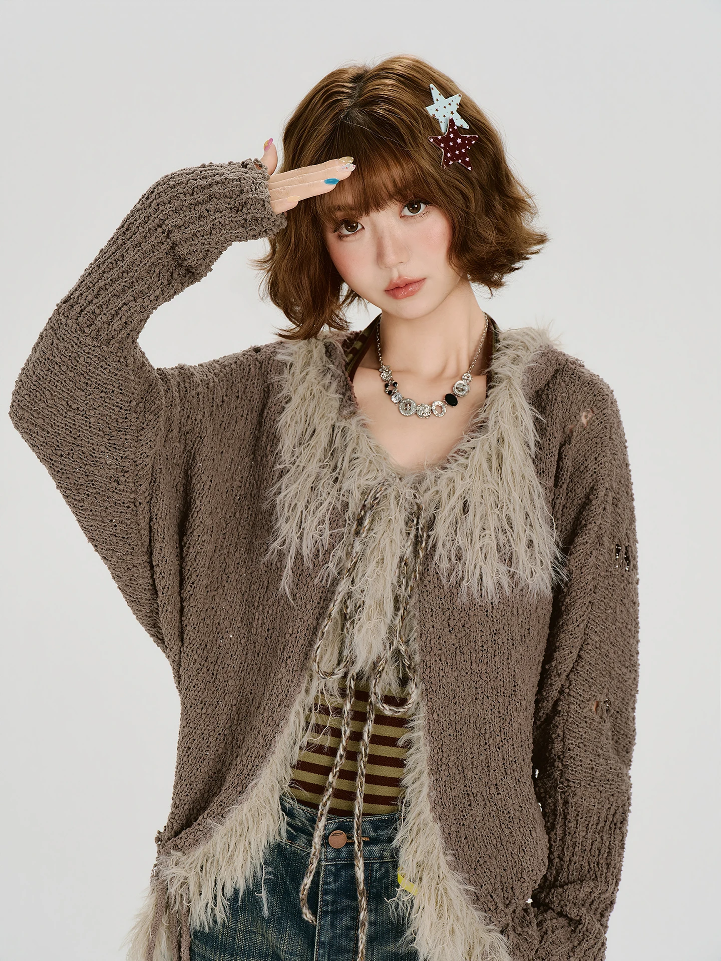 Girlyhalo American Style Vintage Hooded Ruffle Sleeve Open Cardigan Women's Autumn New Batwing Hollow out Knitwear Jacket