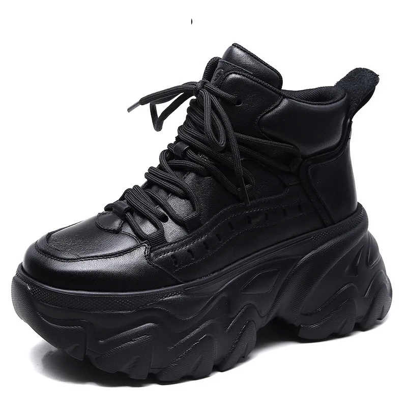 

7.5cm Platform Wedge Thick Sole Boots Motorcycle Ankle Punk Chunky Sneaker Shoes Genuine Leather Autumn Booties for Women