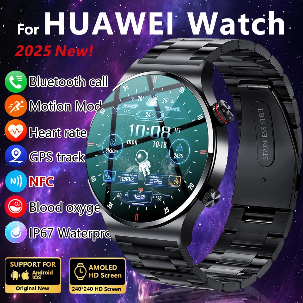 

2025 NEW NFC Men Smartwatch Bluetooth Call Heart Rate 100+ Sport Mode IP67 Waterproof Fitness Tracker Smart Watch For Huawei