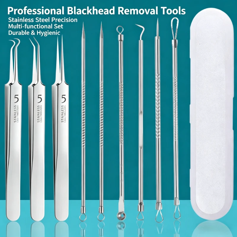 Kit de 9 Herramientas para Eliminar Puntos Negros y Espinillas, con Estuche Portátil, Apto para Todo Tipo de Piel