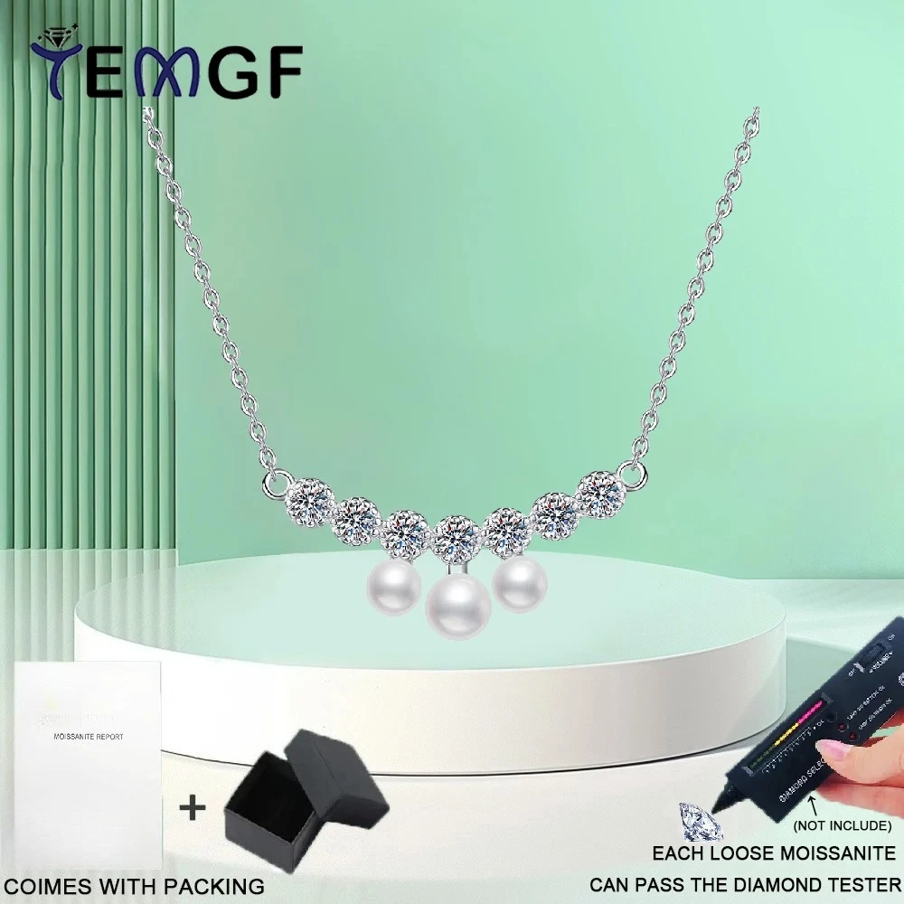 

TEMGF 925 Sterling Silver Necklace Freshwater Pearl 3mm Moissanite Pendant for Women Elegant Fine Jewelry Smile Chokers Necklace