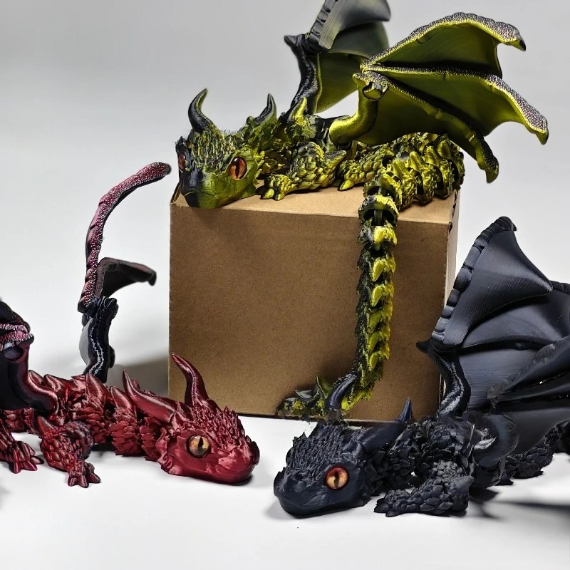3D Printed Two Horned Winged Flying Dragon Sculpture Laser Gradient Multi Joint Movable Flexible Model Toy for Kids