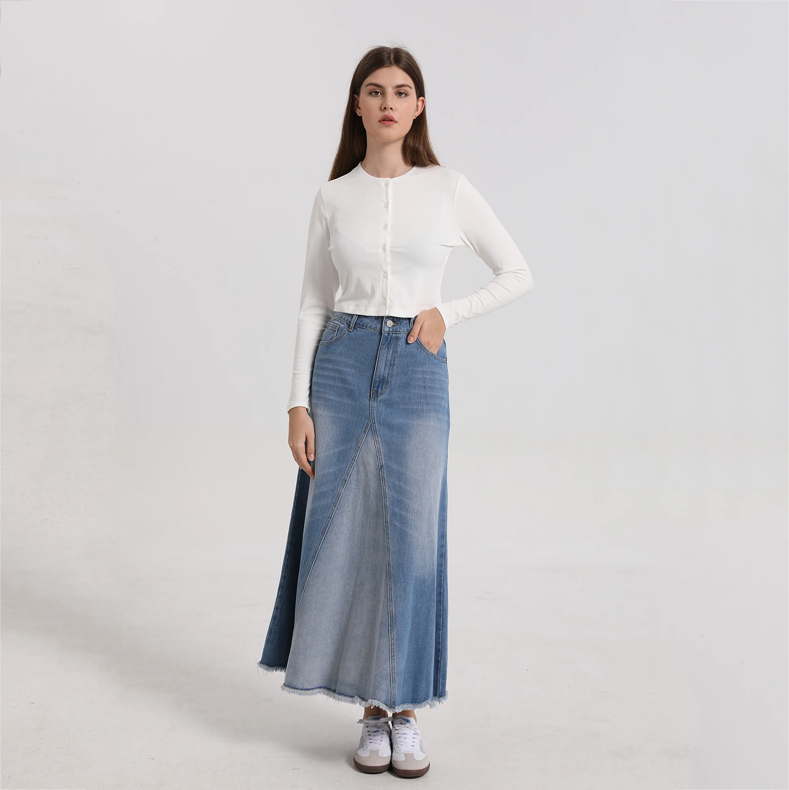 

AP Denim Maxi Skirt Spring Summer Women Two Colors Patchwork Denim Clothes No Pockets, #1102