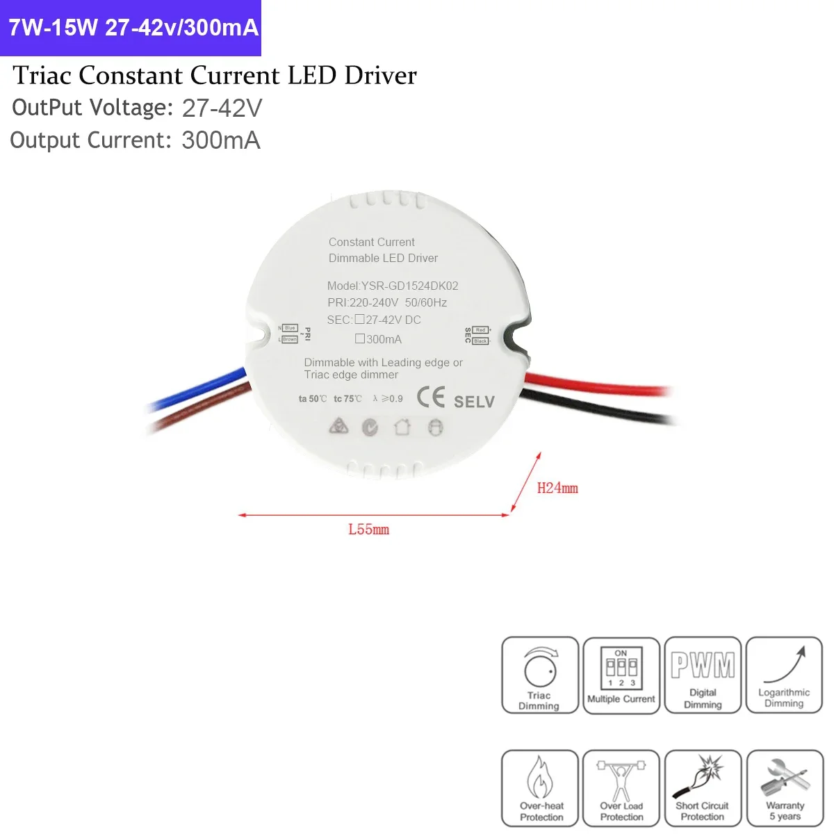 Circular LED Triac Dimming Driver 220V Input, Output 27-42V 7-15W 150mA 300mA Constant Current Triac Dimmable LED Driver Device