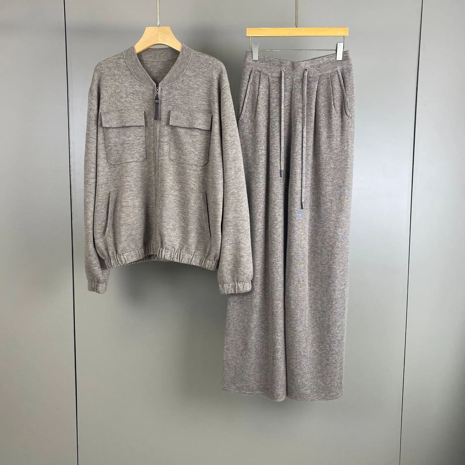 Women's 2026 Autumn Winter New Wool Round Neck Bead Sweater Cardigan With Elastic Waist Straight Leg Wide Pants Two Piece Set