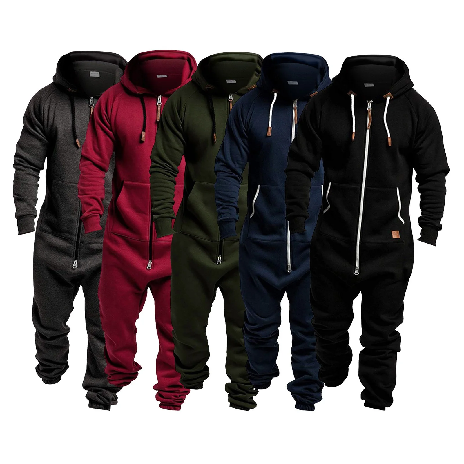 

Winter New Workwear Men's Hooded Fleece Jumpsuit Solid Color Color Color Matching Casual Suit labor Protection Suit