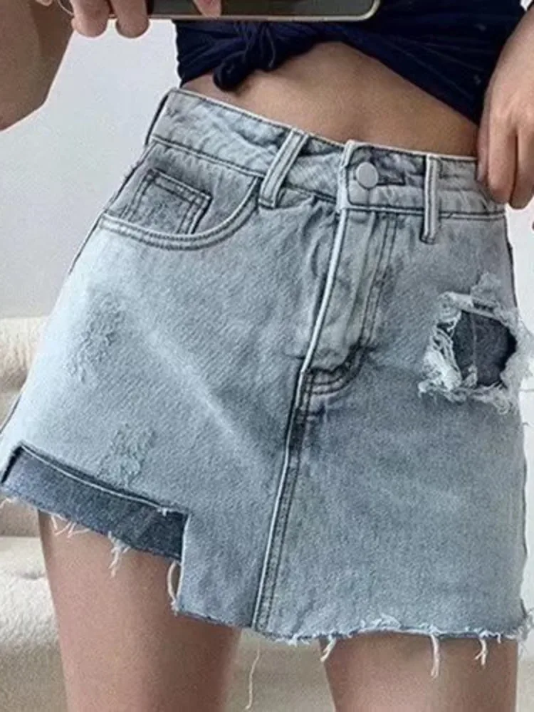 Feynzz\'s Net Red Frayed Denim Shorts Women\'s Summer Dress New Style Is Thin High Waist Wide Leg Hole A-line Hot Pants Trend