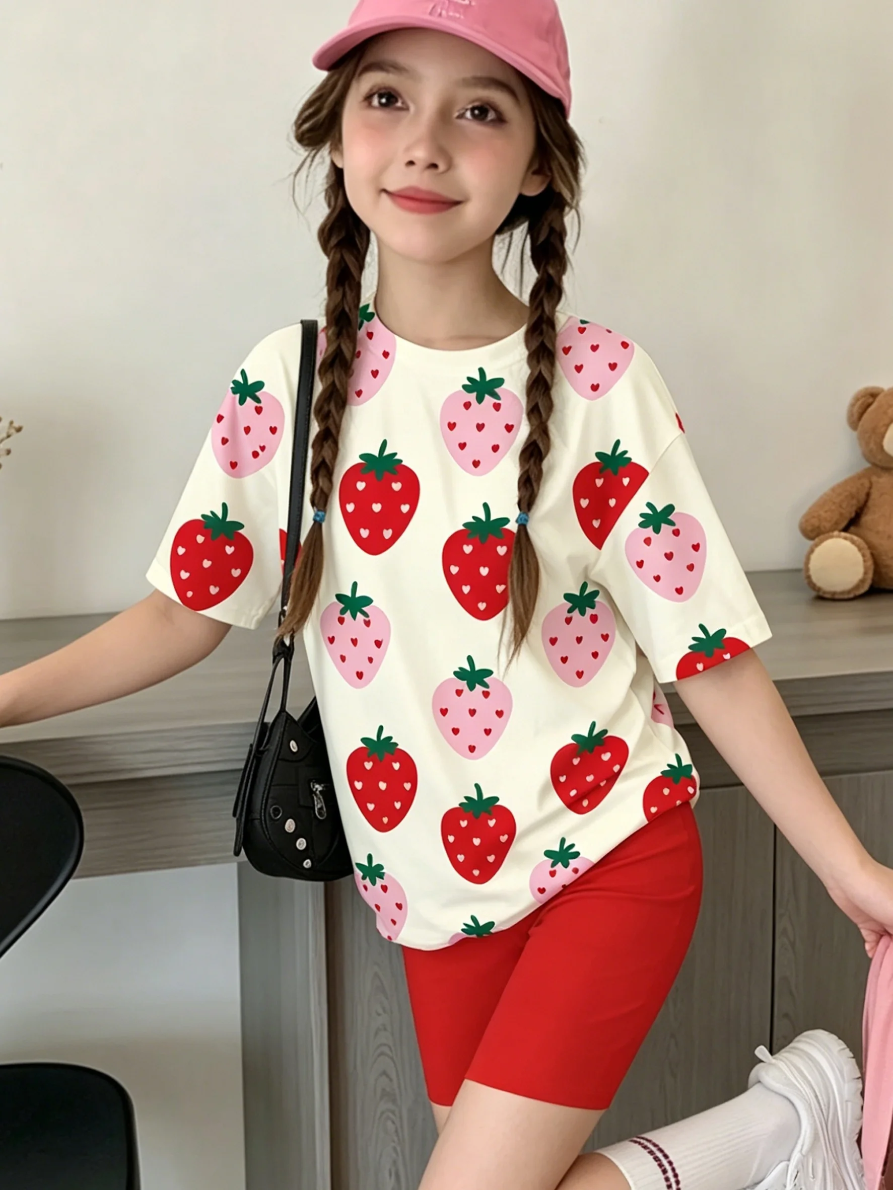 Girls Cute Strawberry Print T-Shirt, Red Pink Heart Strawberry Allover Pattern Crew Neck Short Sleeve Kids Graphic Tee