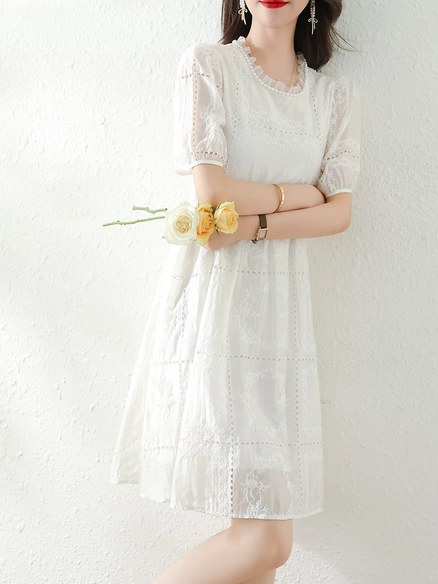 Blanco ahuecado encaje burbuja Sve A-Line Dr mujer verano Faion nueva llegada coreano Sle cintura suelta ort Sve