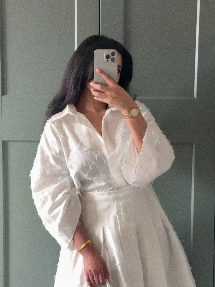 الشارع قميص تنورة مجموعة النساء رفض طوق زر أعلى عالية الخصر مطوي التنانير وتتسابق 2025 الربيع الصيف الإناث رداء غير رسمية #3