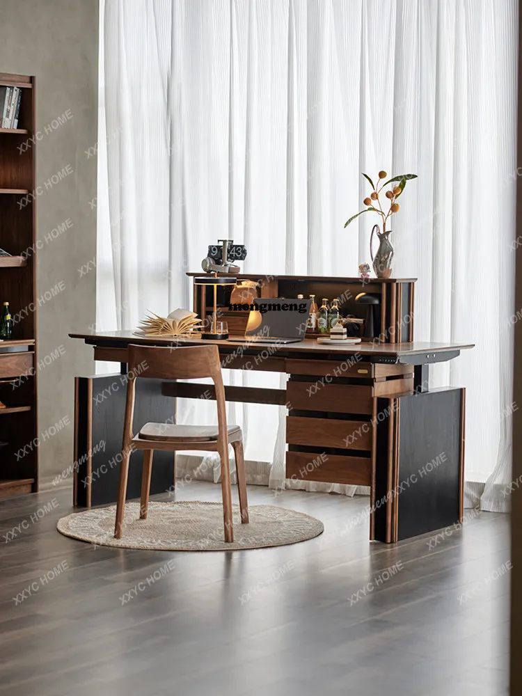 Solid wood electric lifting table Household black walnut workbench Computer table Intelligent lifting learning desk