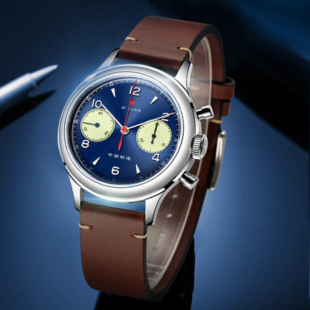 RED STAR 38mm Blue 1963 Pilot Chronograph Mechanical Watch Men