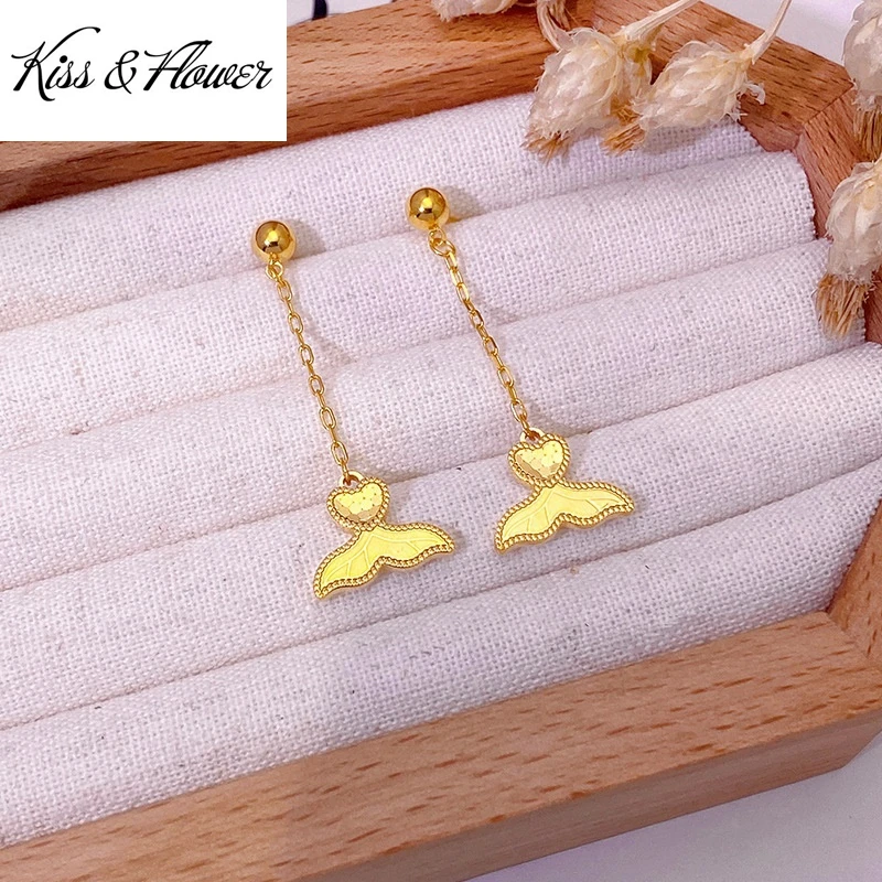 KISS&FLOWER 24KT Gold Shiny Fishtail Tassel Stud Earrings For Women Wedding Party Birthday Christmas Bride Mother Gifts ER599