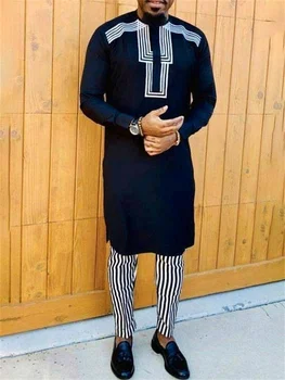 남성 캐주얼 블랙 스트라이프 프린트 긴팔 투피스 세트