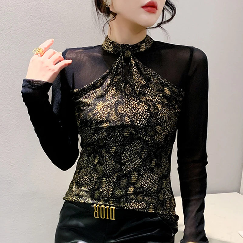 Autumn Streetwear T Shirt For Women Sexy Half High Collar Long sleeve Bottoming Shirt Gold stamping Patchwrok Mesh Tops