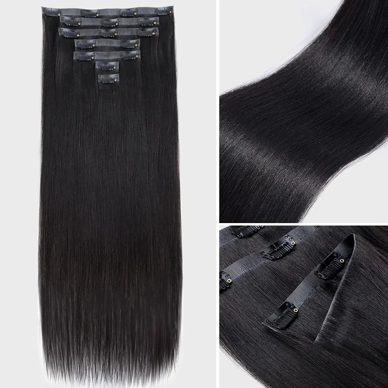 ISEE Hair Yaki Straight Clip-In Hair Extensions Human Hair Natural Black Color Invisible Weft for Women
