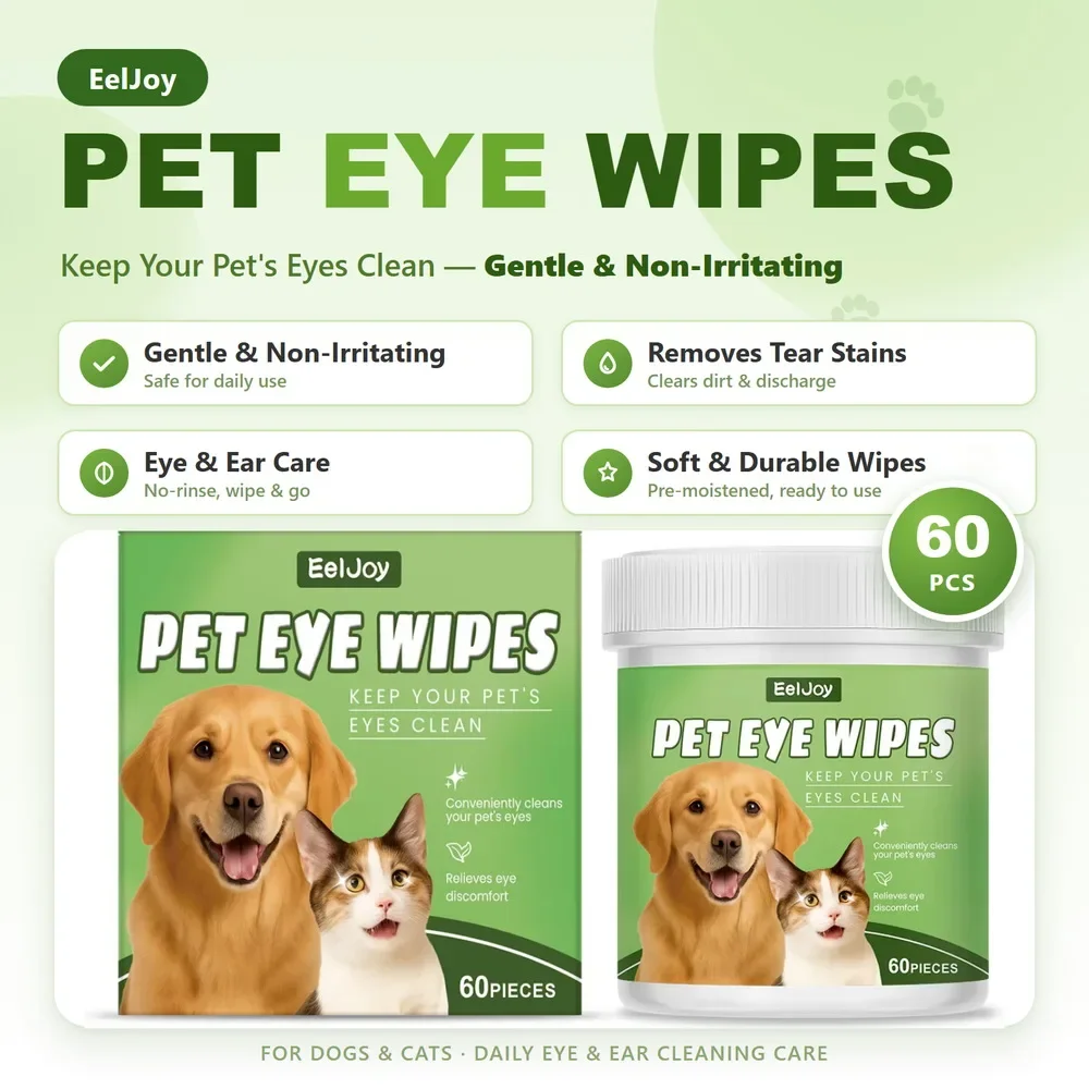 Pet Eye Cleaning Wipes Remove Eye Discharge Dirt Ear Care No Rinse Daily for All Breeds Dogs Cats Tear Stain Remover Wipes 60pcs