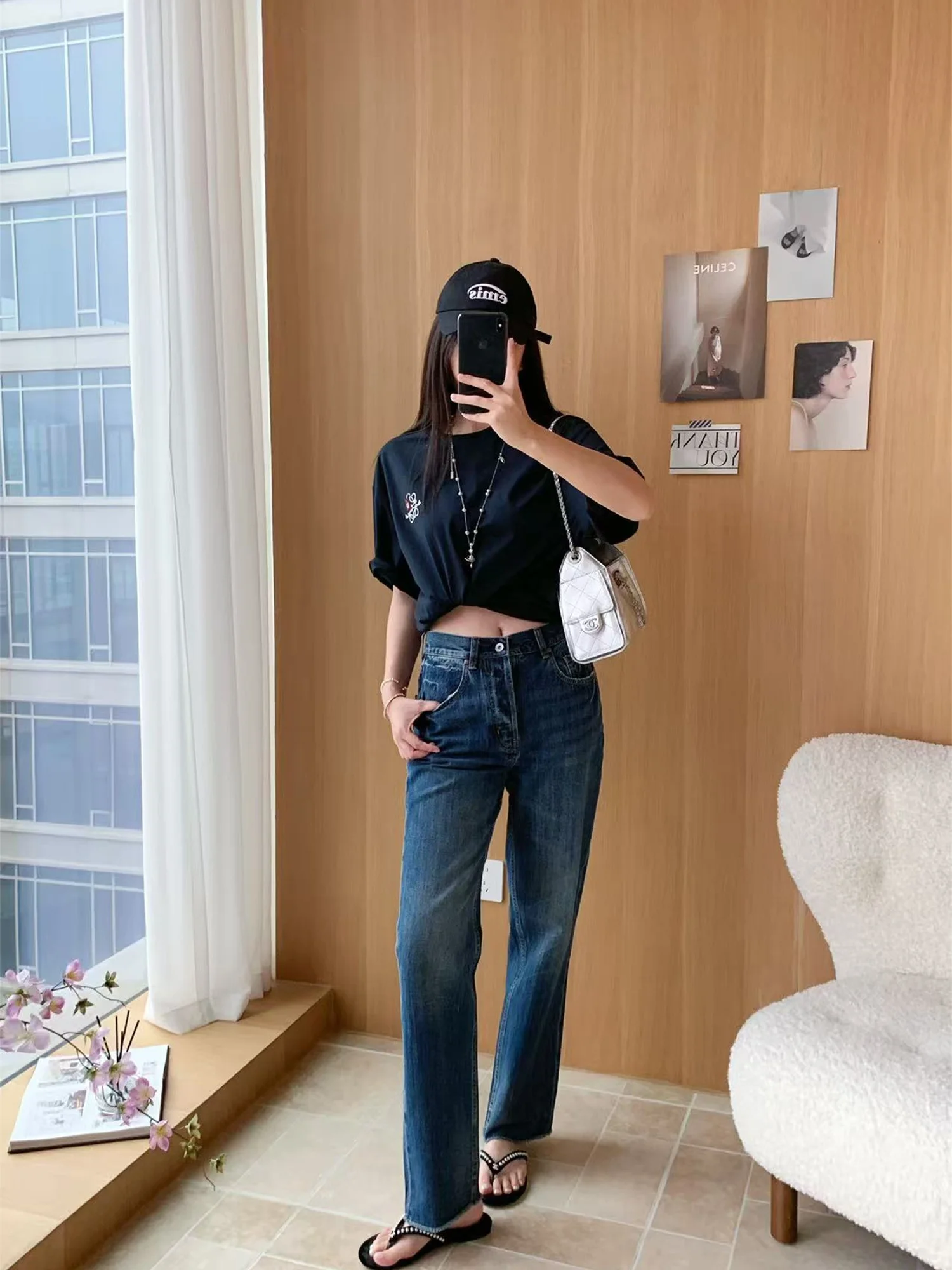 

Retro Waed Straight Leg Denim Jeans Distinctive Sle Single Nipple Cotton l Waist Button Closure Ladies Jeans