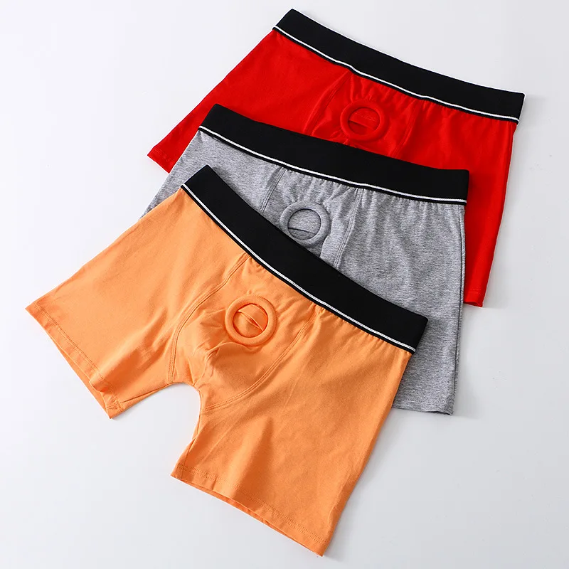 Cockring Underwear Men's Sexy Hole Ring Boxer Shorts Cotton Cock Panties Male Open Penis Pouch Underpants Long Boxershorts 2024